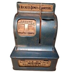 Vintage Blue Uncle Sam's 3 Coin Cash Register Bank Durable Toy & Novelty
